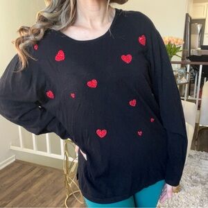 Energie Red Sequin Hearts Long Sleeve Black Knit Sweater Love Valentine’s Day L